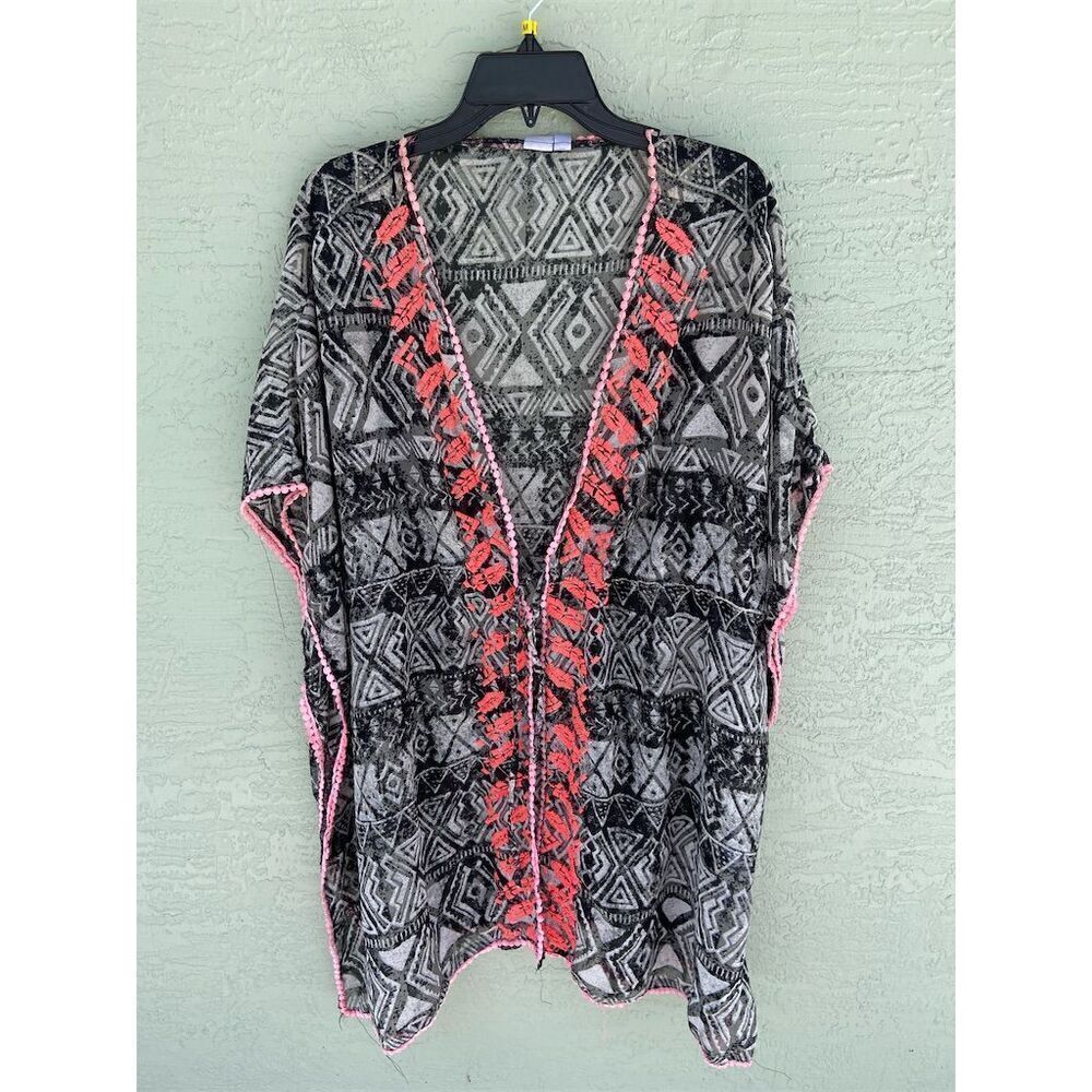 JC Swim Bohemian Fringe Kimono Cardigan Black/White Pink Tassels OSFM - Picture 1 of 4
